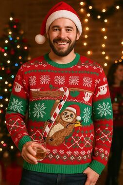 Blizzard Bay XL Ugly Christmas Sweater – Sloth Santa Hat Candy Cane Red Green